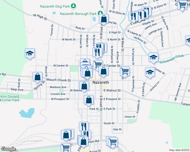 map of restaurants, bars, coffee shops, grocery stores, and more near 44 South Spruce Street in Nazareth