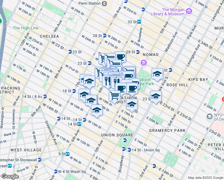 map of restaurants, bars, coffee shops, grocery stores, and more near 25 West 21st Street in New York