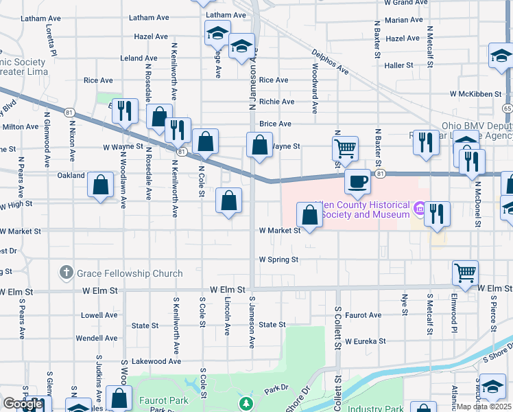 map of restaurants, bars, coffee shops, grocery stores, and more near 140 North Jameson Avenue in Lima