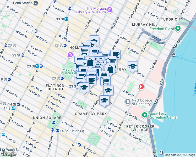 map of restaurants, bars, coffee shops, grocery stores, and more near 75 Lexington Avenue in New York