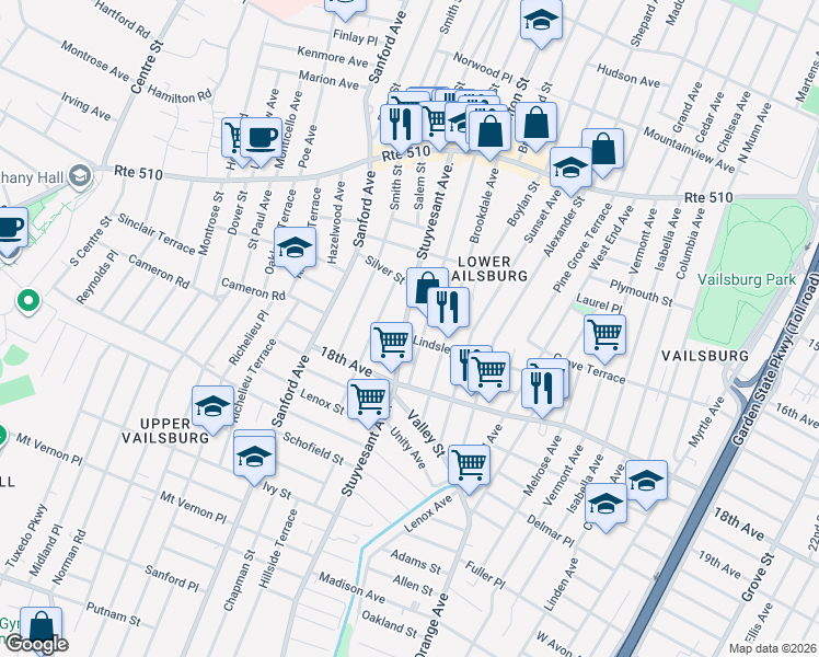 map of restaurants, bars, coffee shops, grocery stores, and more near 152 Stuyvesant Avenue in Newark