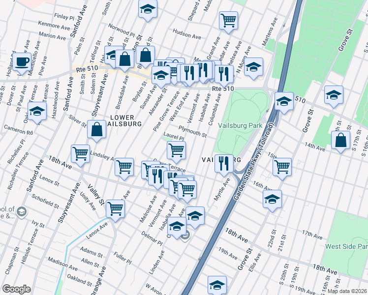 map of restaurants, bars, coffee shops, grocery stores, and more near 110 Vermont Avenue in Newark
