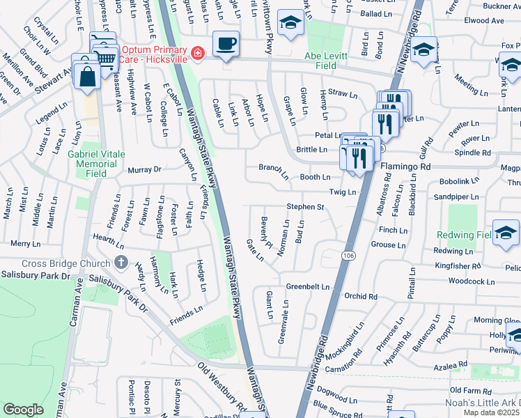 map of restaurants, bars, coffee shops, grocery stores, and more near 186 Stephen Street in Levittown