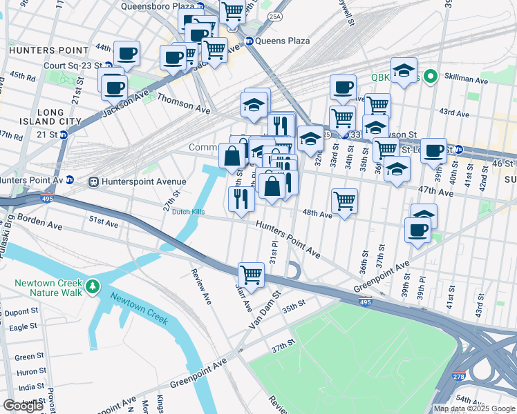 map of restaurants, bars, coffee shops, grocery stores, and more near 39-05 48th Avenue in Queens