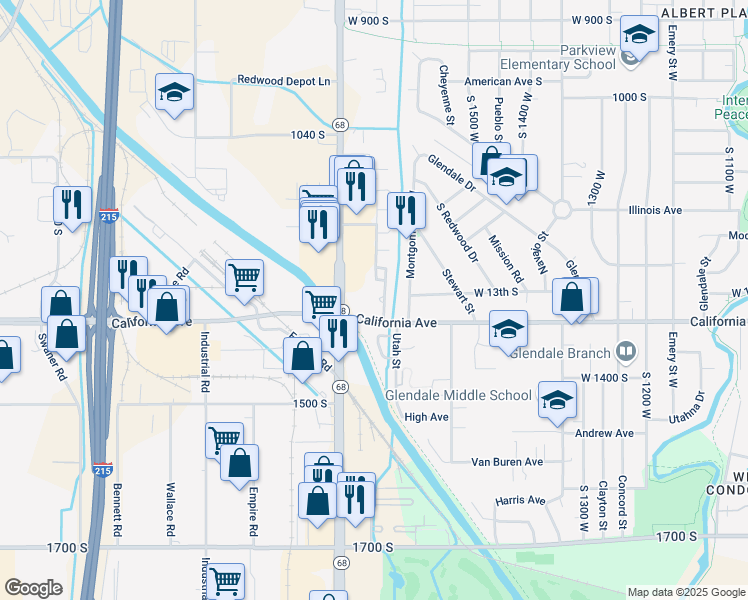 map of restaurants, bars, coffee shops, grocery stores, and more near 1306 Utah Street in Salt Lake City