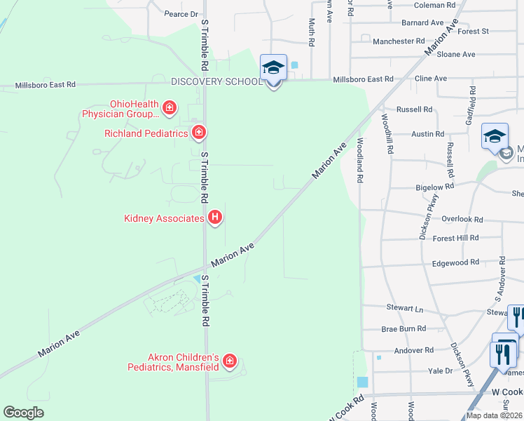 map of restaurants, bars, coffee shops, grocery stores, and more near 615 Bally Row in Mansfield