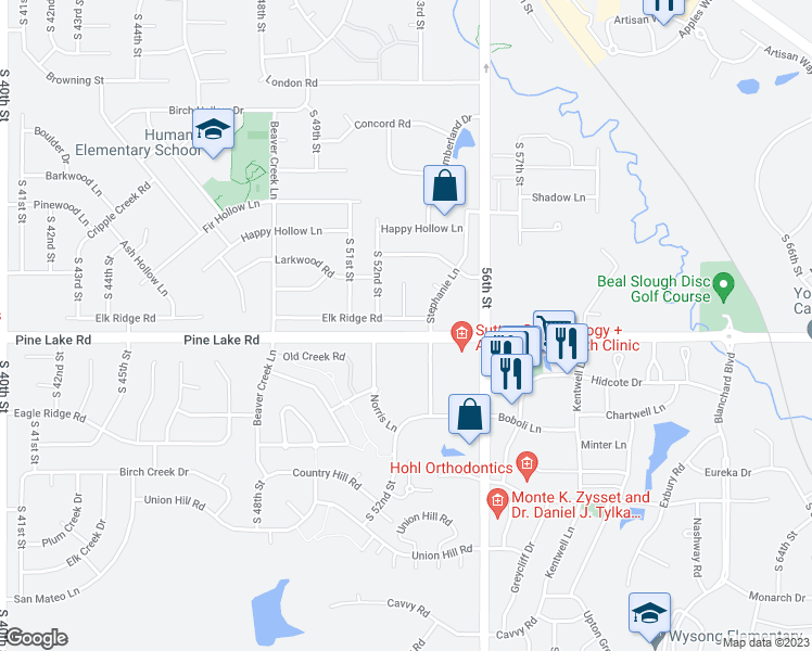 map of restaurants, bars, coffee shops, grocery stores, and more near 5301 Elk Ridge Road in Lincoln