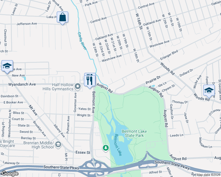 map of restaurants, bars, coffee shops, grocery stores, and more near 392 Erlanger Boulevard in North Babylon