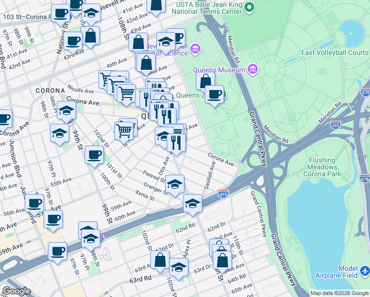 map of restaurants, bars, coffee shops, grocery stores, and more near 110-06 55th Avenue in Queens