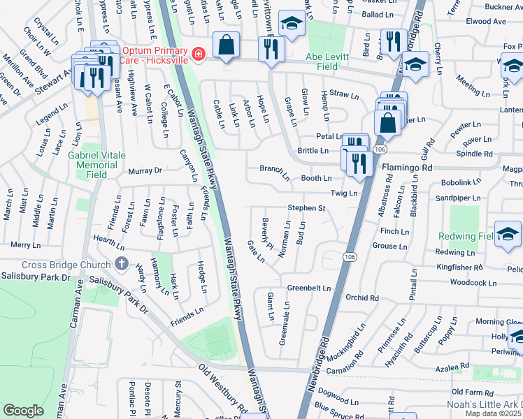 map of restaurants, bars, coffee shops, grocery stores, and more near 186 Stephen Street in Levittown