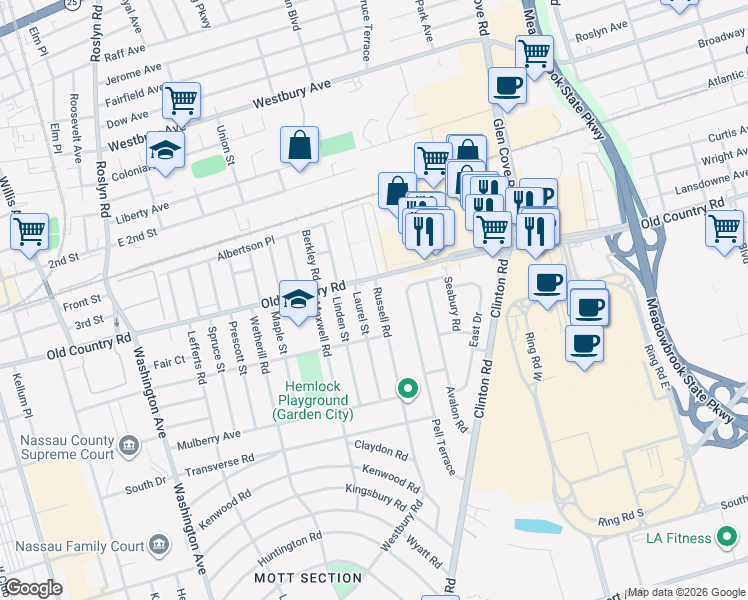 map of restaurants, bars, coffee shops, grocery stores, and more near 90 Russell Road in Garden City