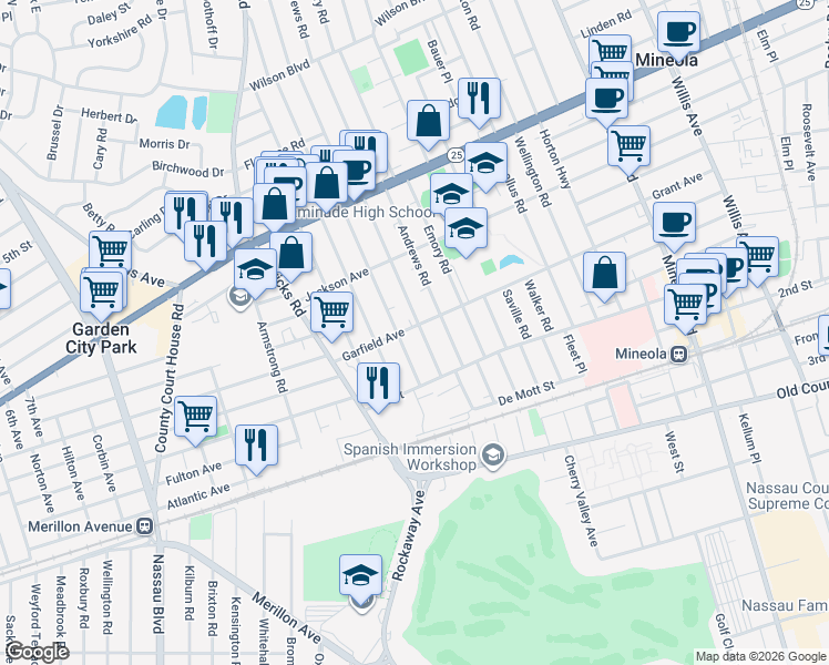 map of restaurants, bars, coffee shops, grocery stores, and more near 404 Garfield Avenue in Mineola