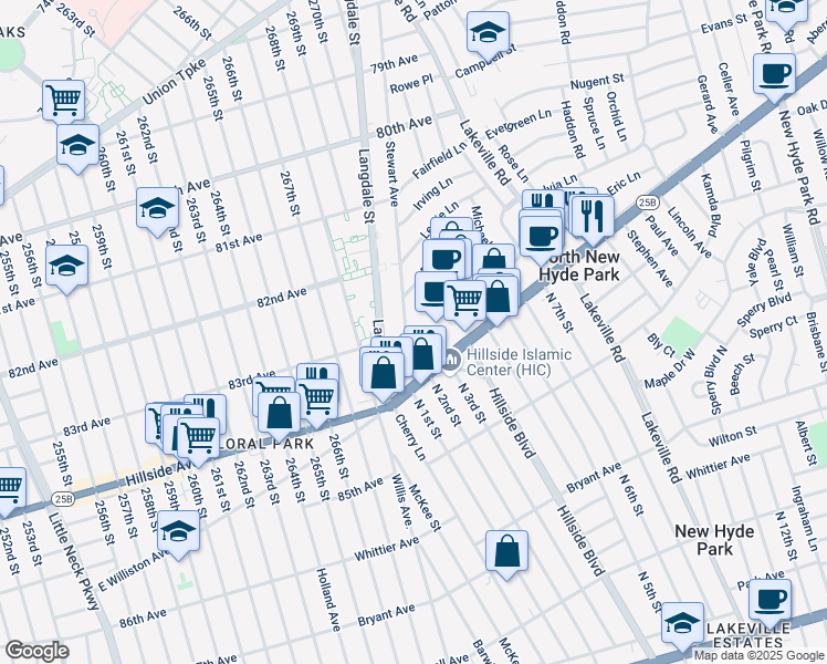 map of restaurants, bars, coffee shops, grocery stores, and more near 1660 Stewart Avenue in New Hyde Park