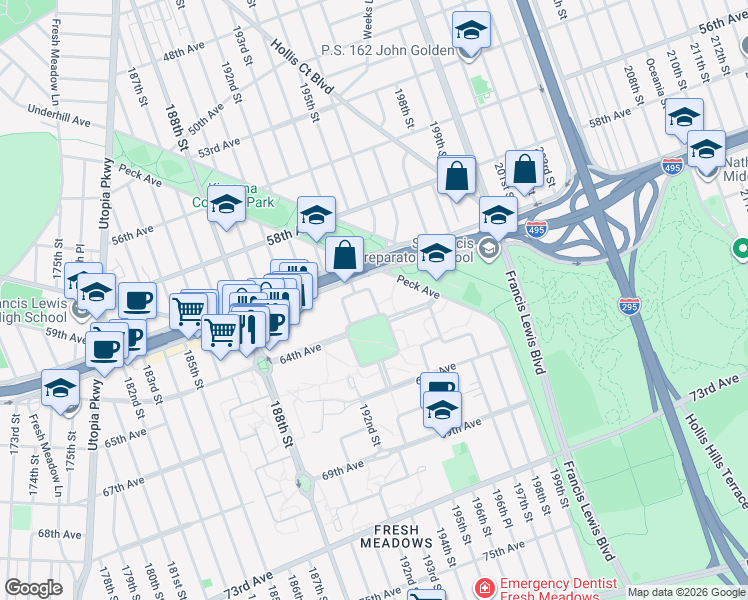 map of restaurants, bars, coffee shops, grocery stores, and more near 195-20 Peck Avenue in Queens