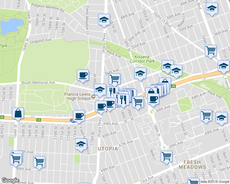 map of restaurants, bars, coffee shops, grocery stores, and more near 58-31 184th Street in Queens