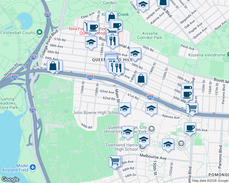 map of restaurants, bars, coffee shops, grocery stores, and more near 61-18 Main Street in Queens