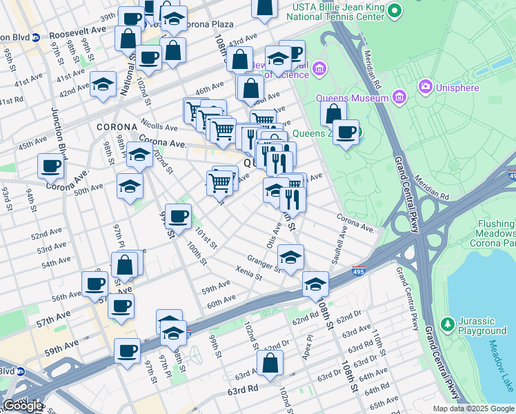 map of restaurants, bars, coffee shops, grocery stores, and more near 5322 105th Street in Queens