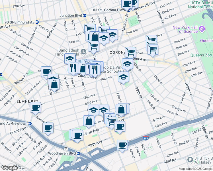 map of restaurants, bars, coffee shops, grocery stores, and more near 50-16 97th Street in Queens