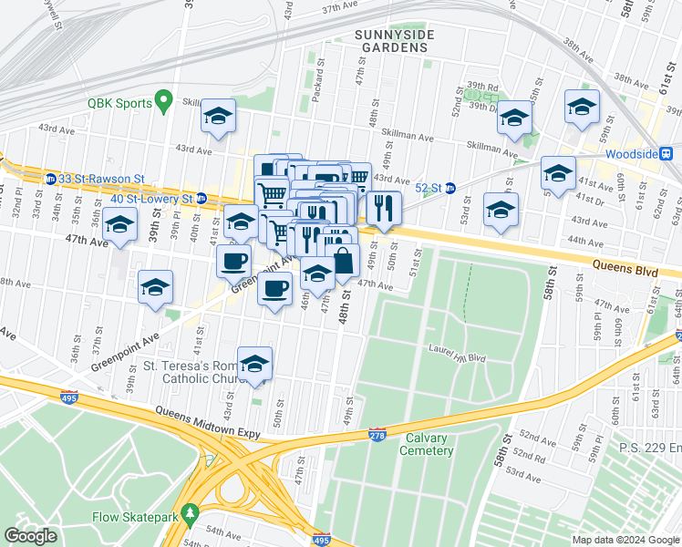 map of restaurants, bars, coffee shops, grocery stores, and more near in Queens