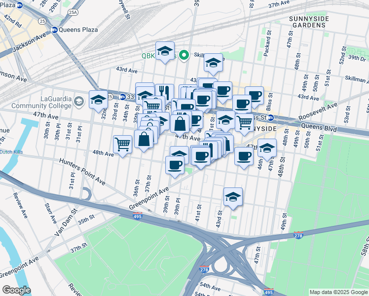 map of restaurants, bars, coffee shops, grocery stores, and more near 47-14 39th Place in Queens