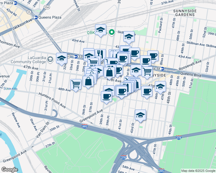 map of restaurants, bars, coffee shops, grocery stores, and more near 47-14 39th Place in Queens