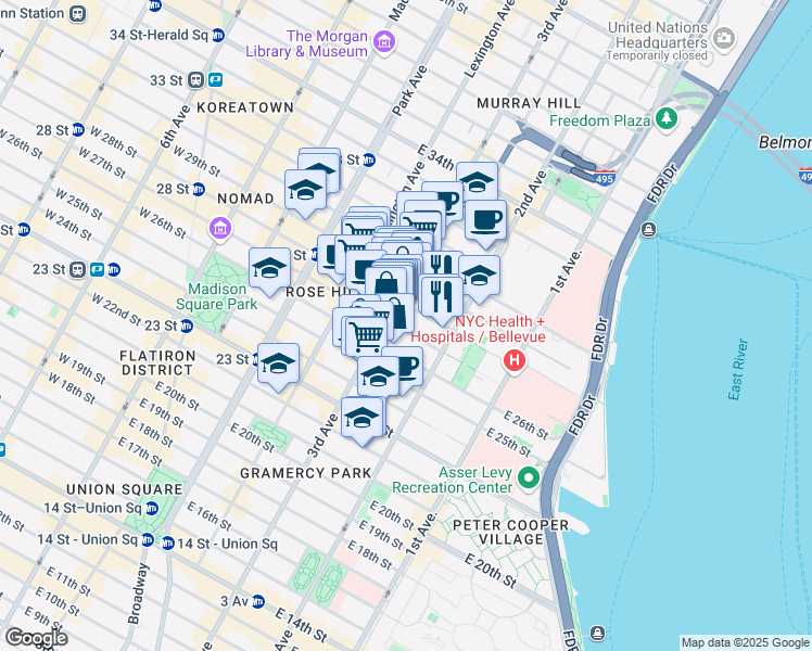 map of restaurants, bars, coffee shops, grocery stores, and more near 216 East 28th Street in New York