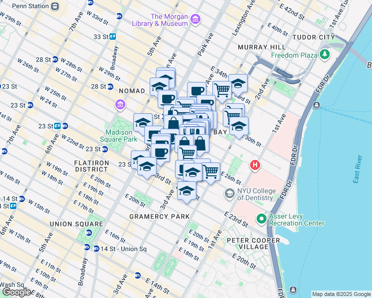 map of restaurants, bars, coffee shops, grocery stores, and more near 376 3rd Avenue in New York
