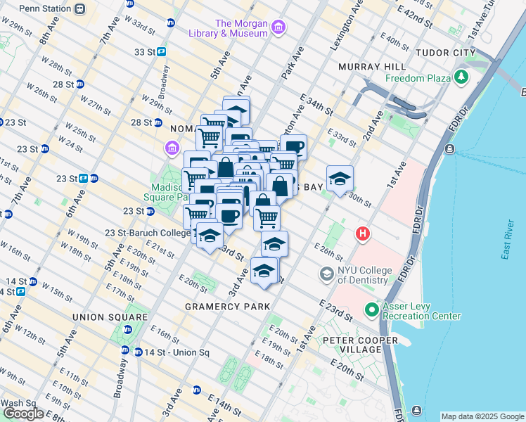 map of restaurants, bars, coffee shops, grocery stores, and more near 68 Lexington Avenue in New York