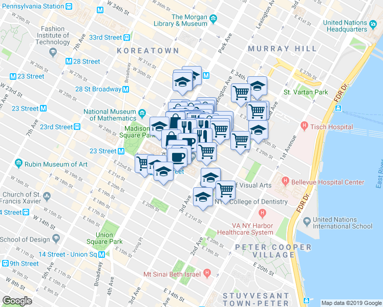 map of restaurants, bars, coffee shops, grocery stores, and more near 68 Lexington Avenue in New York
