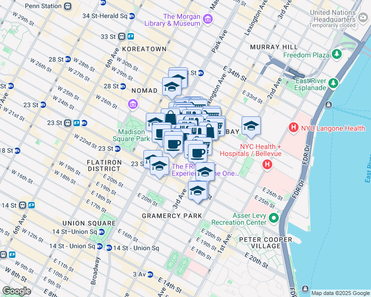 map of restaurants, bars, coffee shops, grocery stores, and more near 68 Lexington Avenue in New York