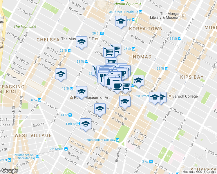 map of restaurants, bars, coffee shops, grocery stores, and more near 32 West 22nd Street in New York