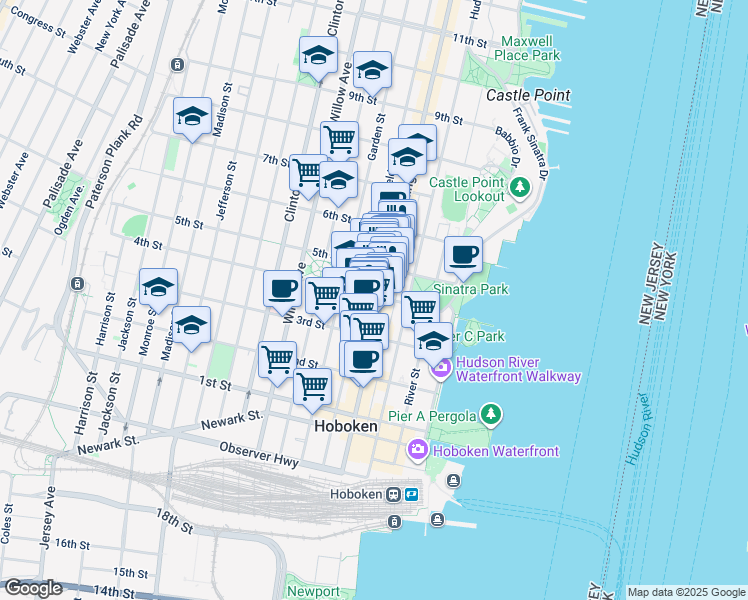 map of restaurants, bars, coffee shops, grocery stores, and more near 407 Washington Street in Hoboken