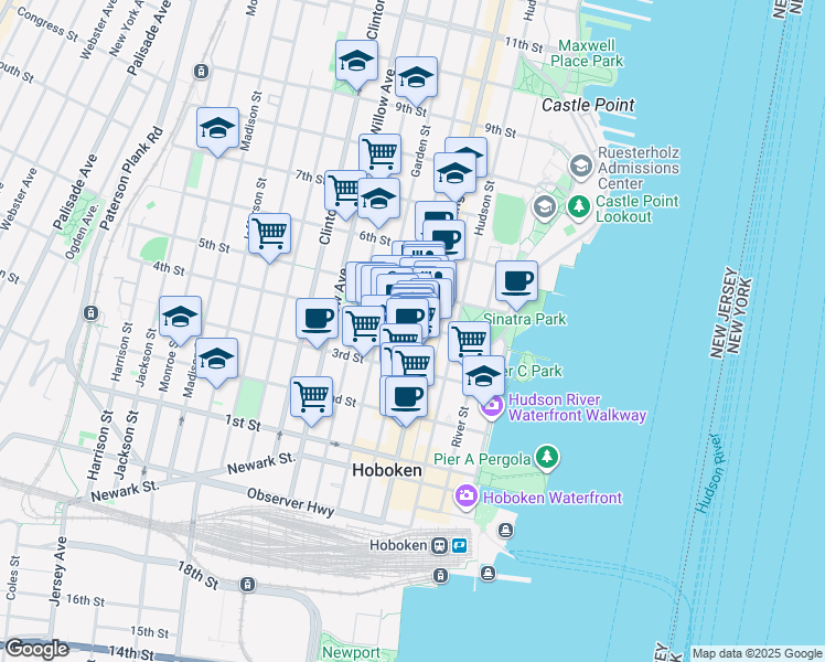 map of restaurants, bars, coffee shops, grocery stores, and more near 167 4th Street in Hoboken