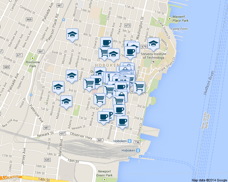 map of restaurants, bars, coffee shops, grocery stores, and more near 167 4th Street in Hoboken