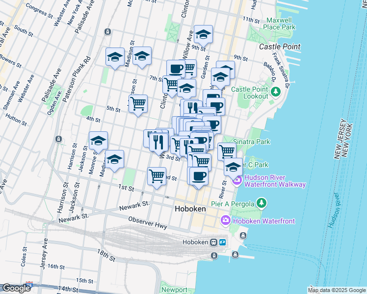map of restaurants, bars, coffee shops, grocery stores, and more near 336 Park Avenue in Hoboken