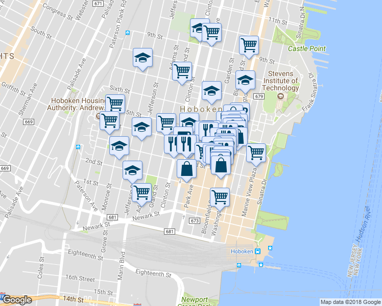 map of restaurants, bars, coffee shops, grocery stores, and more near 336 Park Avenue in Hoboken