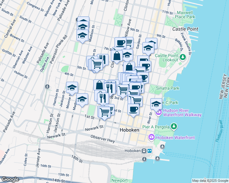 map of restaurants, bars, coffee shops, grocery stores, and more near 308 Willow Avenue in Hoboken