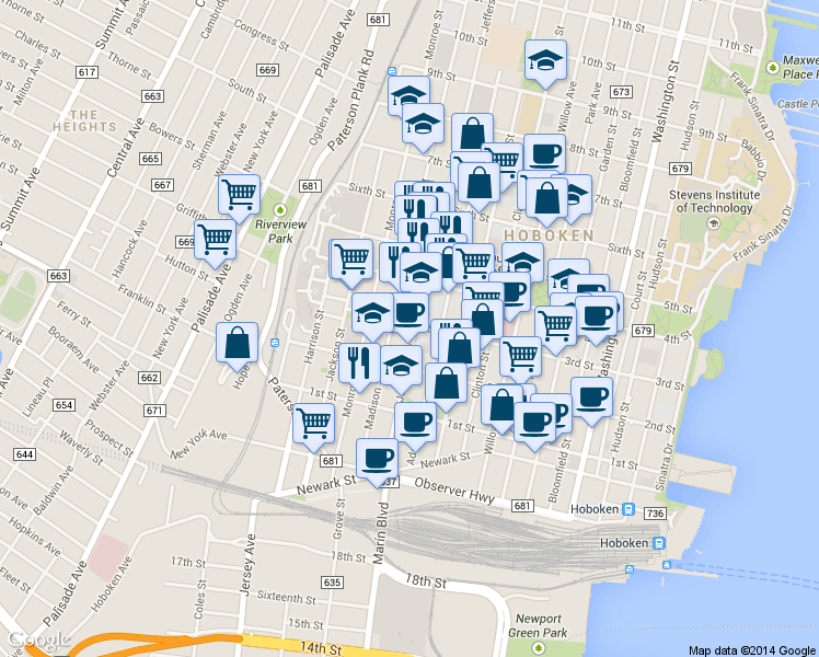map of restaurants, bars, coffee shops, grocery stores, and more near 300 Madison Street in Hoboken