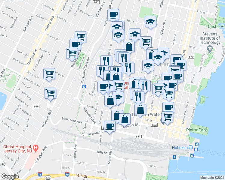 map of restaurants, bars, coffee shops, grocery stores, and more near 300 Madison Street in Hoboken