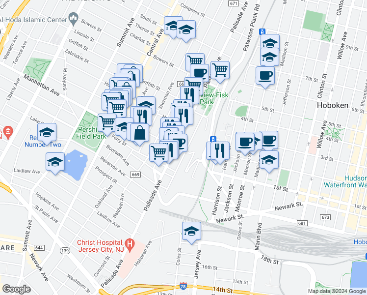 map of restaurants, bars, coffee shops, grocery stores, and more near 398 Palisade Avenue in Jersey City