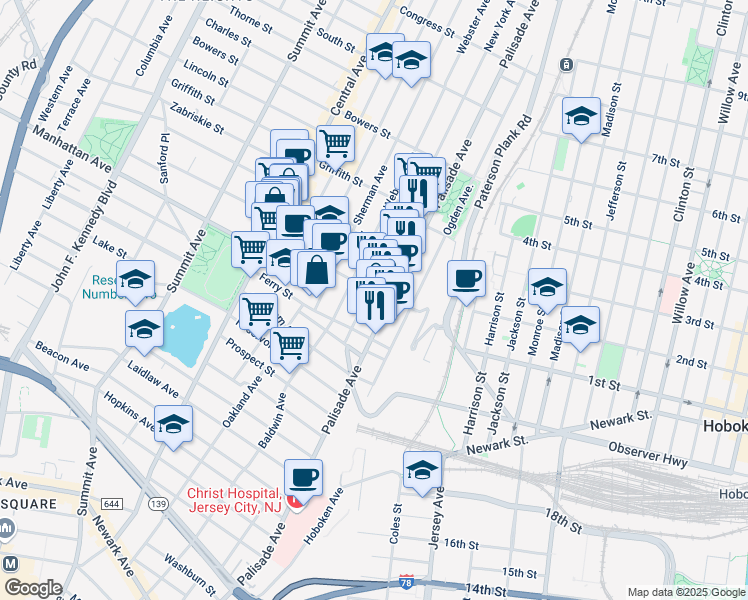 map of restaurants, bars, coffee shops, grocery stores, and more near 63 Franklin Street in Jersey City
