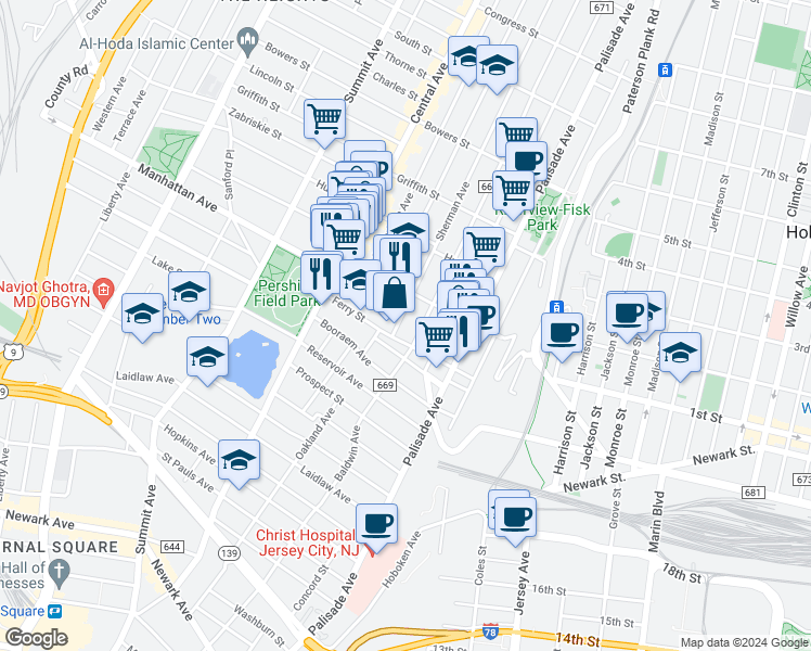 map of restaurants, bars, coffee shops, grocery stores, and more near 19 Sherman Avenue in Jersey City
