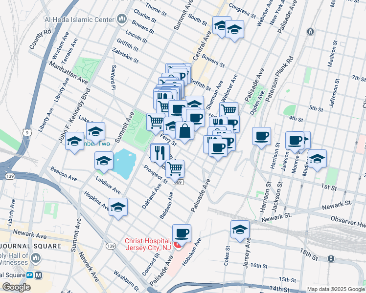 map of restaurants, bars, coffee shops, grocery stores, and more near 19 Sherman Avenue in Jersey City