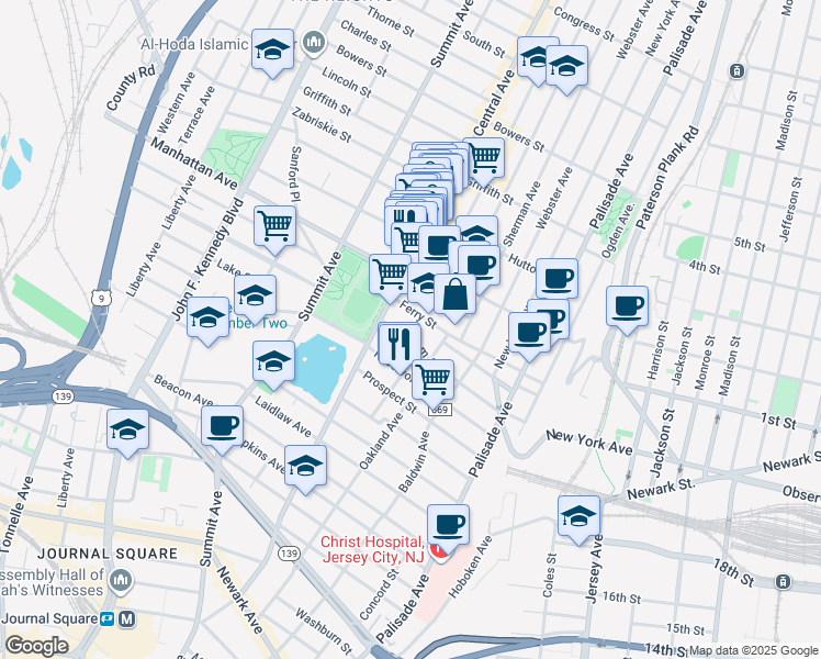 map of restaurants, bars, coffee shops, grocery stores, and more near 202-206 Central Avenue in Jersey City