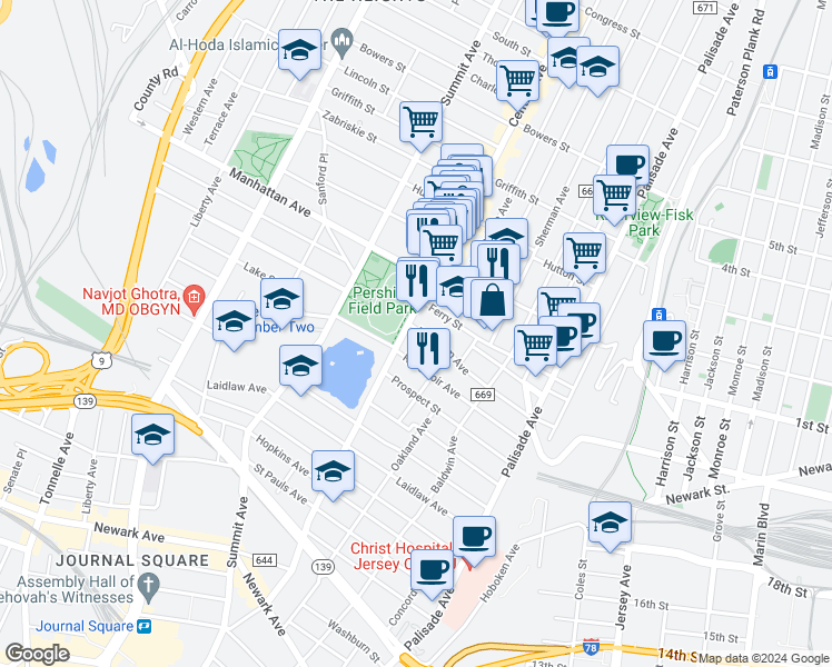 map of restaurants, bars, coffee shops, grocery stores, and more near 202 Central Avenue in Jersey City