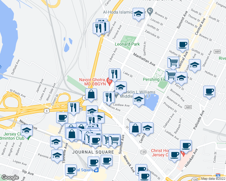 map of restaurants, bars, coffee shops, grocery stores, and more near 3181 John F. Kennedy Boulevard in North Bergen