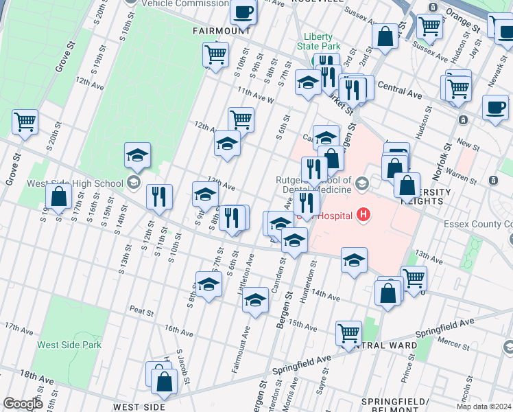 map of restaurants, bars, coffee shops, grocery stores, and more near 184 South 6th Street in Newark
