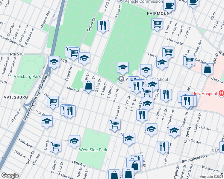 map of restaurants, bars, coffee shops, grocery stores, and more near 398 South 15th Street in Newark