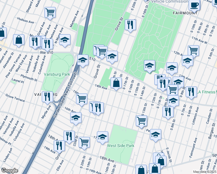 map of restaurants, bars, coffee shops, grocery stores, and more near 457 South 19th Street in Newark