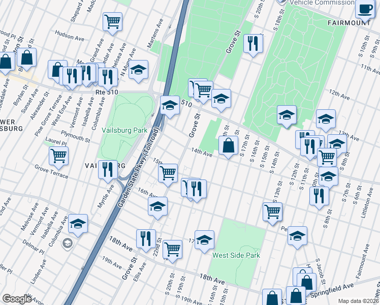 map of restaurants, bars, coffee shops, grocery stores, and more near 408 14th Avenue in Irvington